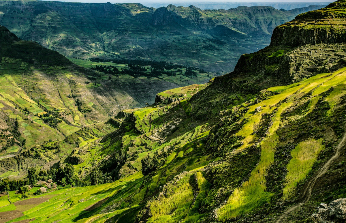 Green mountain slopes and a steep valley with cultivated fields
