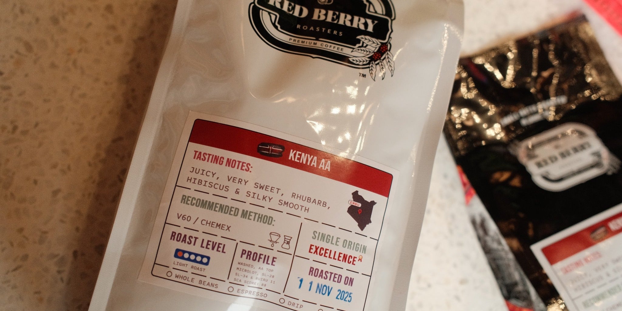 Red Berry Roasters coffee bags, including Kenya AA