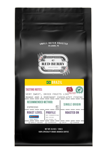 Black coffee bag with branding and product details on a white background