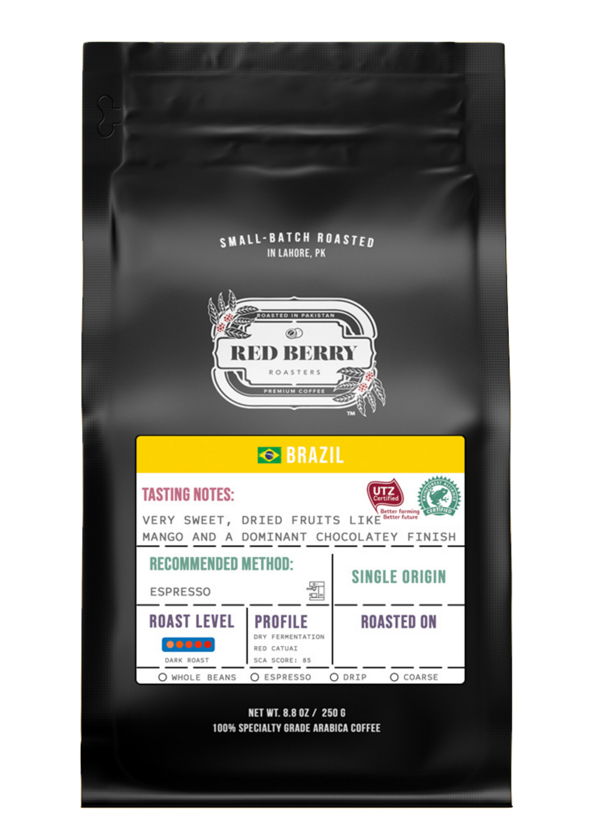 Black coffee bag with branding and product details on a white background
