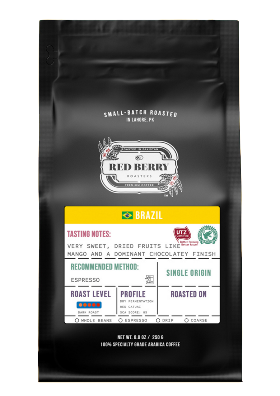 Black coffee bag with branding and product details on a white background