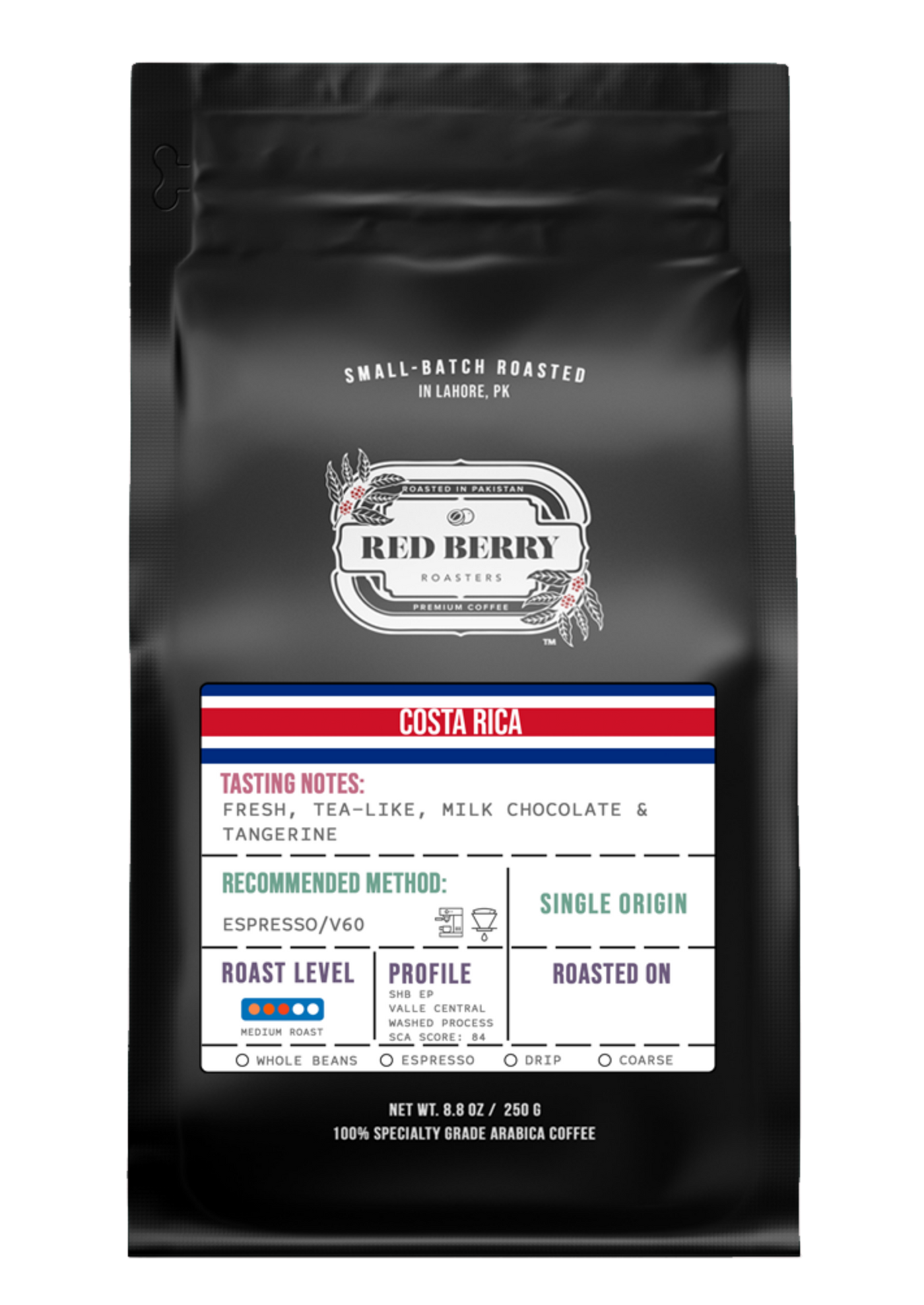 Black coffee bag with a label featuring 'Red Berry' branding and tasting notes for Costa Rica coffee.