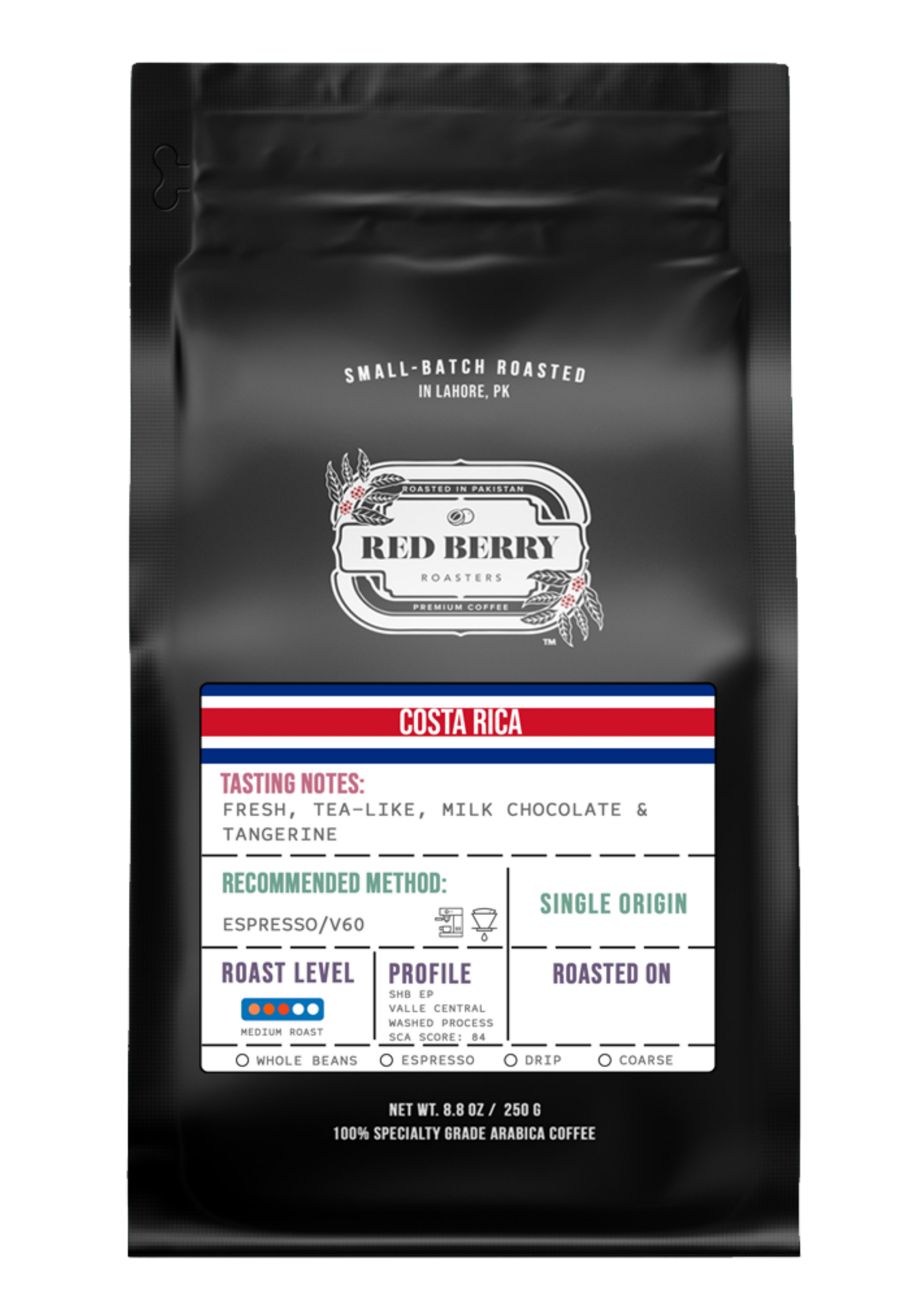 Black coffee bag with a label featuring 'Red Berry' branding and tasting notes for Costa Rica coffee.