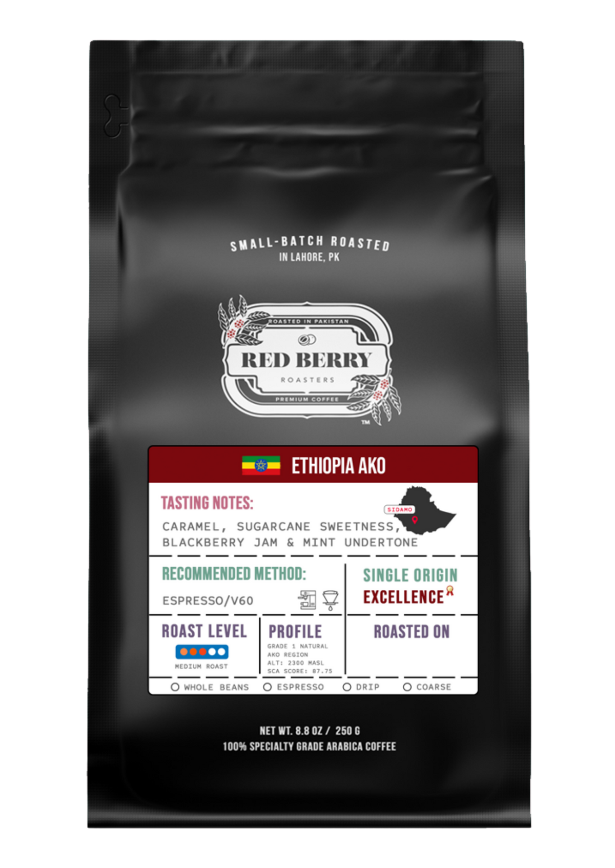 Coffee bag with branding and product details on a white background