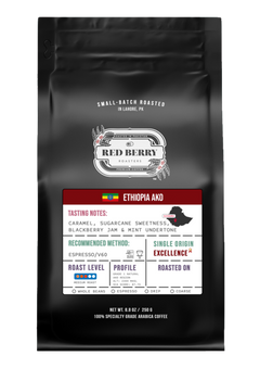 Coffee bag with branding and product details on a white background