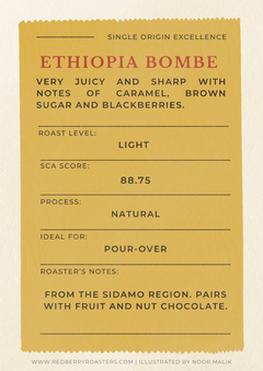 Coffee label for Ethiopia Bombe with roast details on a yellow background