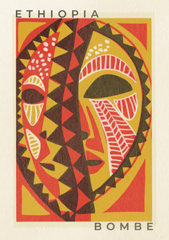 Decorative design of a face with geometric patterns in red, yellow, and brown on a beige background, labeled 'Ethiopia Bombe'.