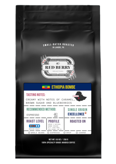 Coffee bag with 'Red Berry' branding and Ethiopia Bombe coffee details on a white background