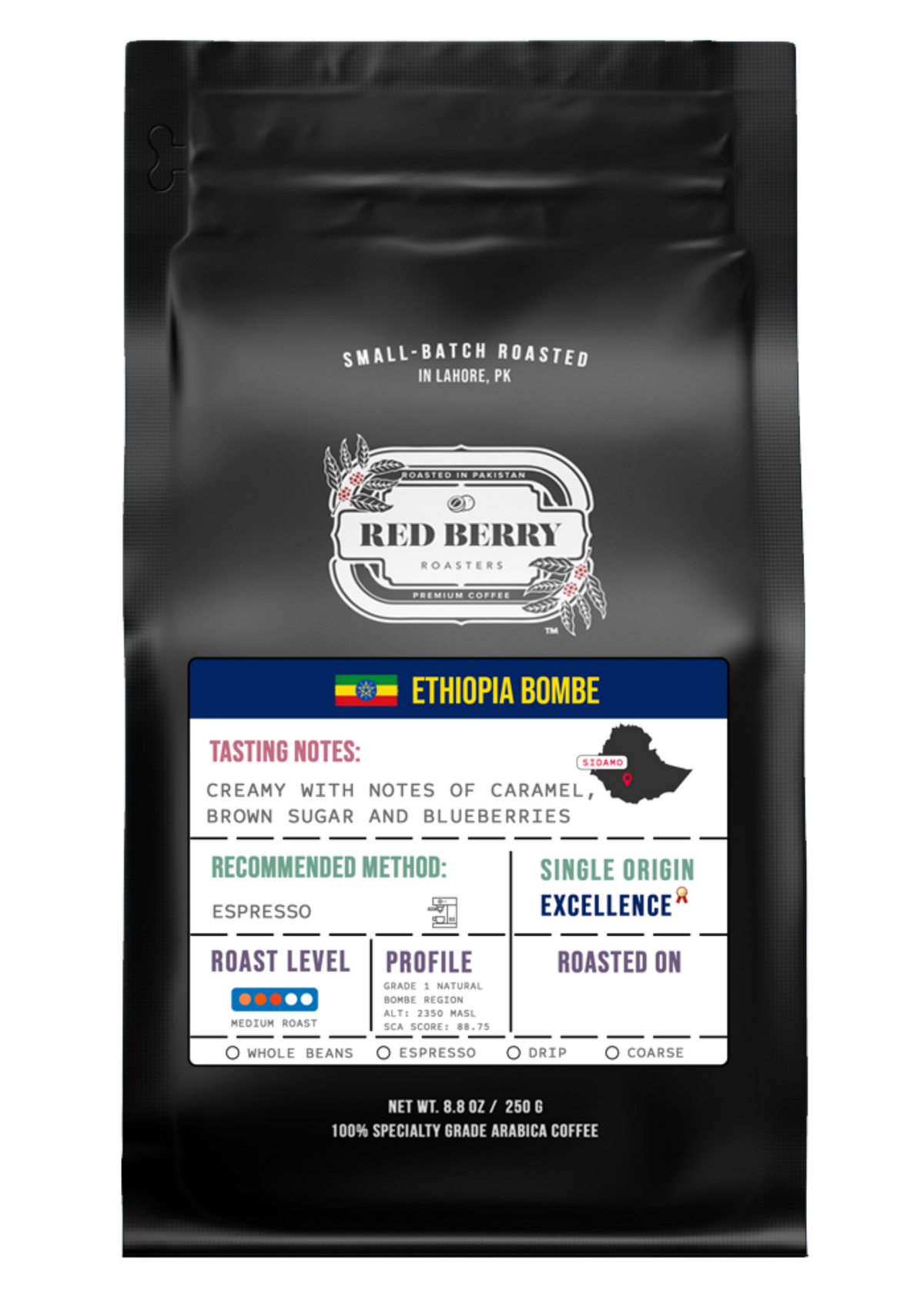 Coffee bag with 'Red Berry' branding and Ethiopia Bombe coffee details on a white background