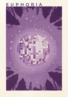 Purple disco ball with forest silhouette and 'Euphoria' text
