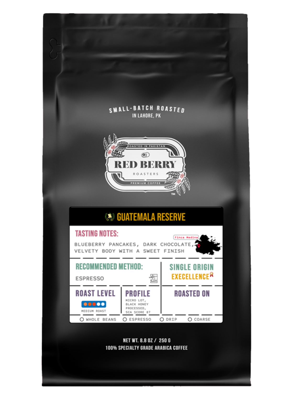 Black coffee bag with 'Red Berry' branding and Guatemala Reserve coffee details.